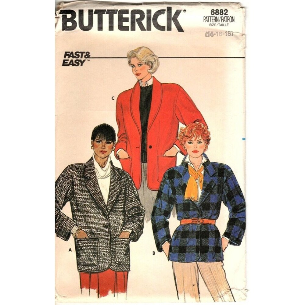 Butterick 6882 Misses 14 to 18 Jacket Vintage 80s Uncut Sewing Pattern